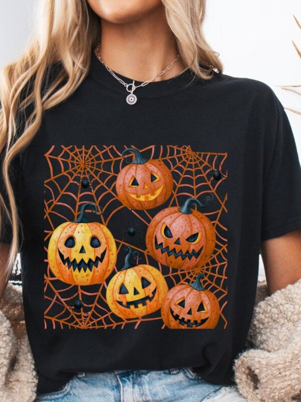 Jack O Lantern Shirt, Halloween Pumpkin Tee, Spider Web Graphic T Shirt